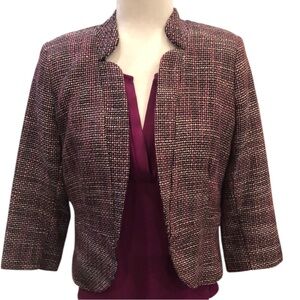AQUA Black White Pink Tweed Cropped Jacket Open Front 3/4 sleeve Medium EUC